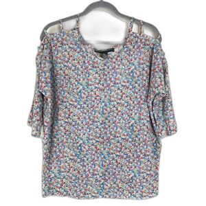 Amang NY Floral Ladder Sleeve Top Women's Size Large Stretch Knit Casual